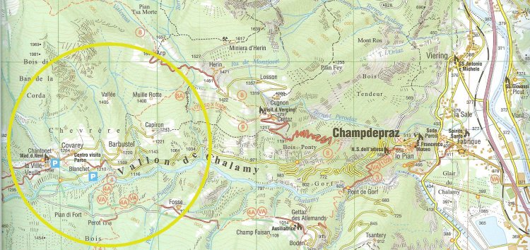 Parte di carta topografica che presenta la zona tra Champdepraz e Covarey e quella interessata alla ferrata di Covarey (Valle d’Aosta) (104506 bytes)